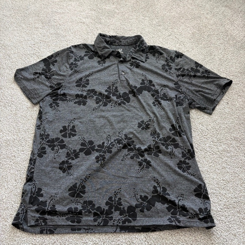Reyn Spooner Performance Polo Mens L Gray Floral Hawaiian Beach Golf Tropical